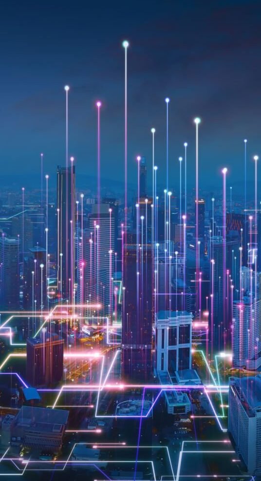 Smart city and abstract line and dot connect with gradient line design , big data connection technology concept. 3d render